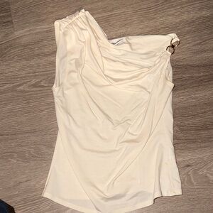 Reformation Cream One-Shoulder Top with Gold Ring